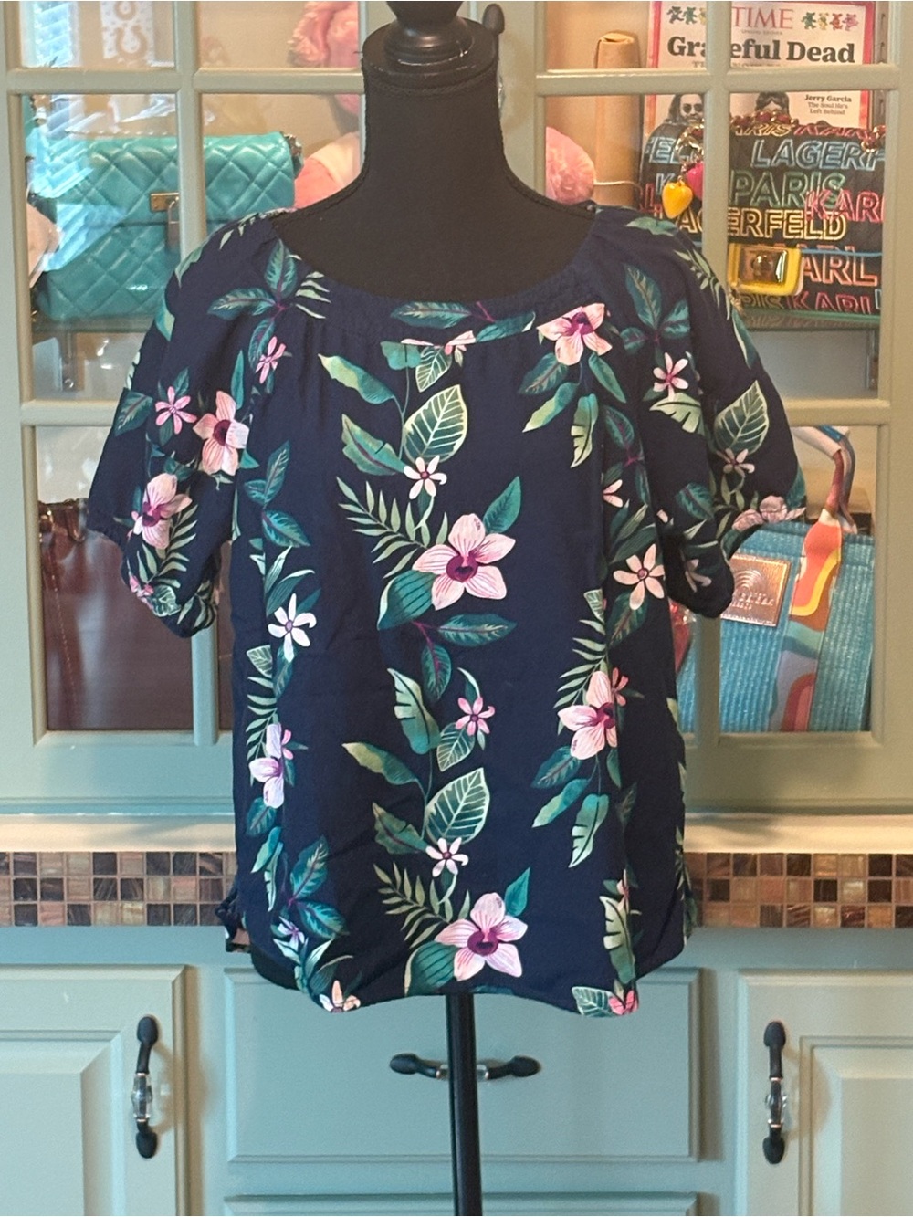 Old Navy Navy Floral Short Puff Sleeve Top